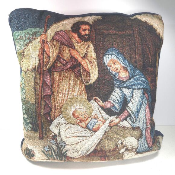 Unknown Other - Vintage Nativity Tapestry Pillow 16x16 Mary Joseph Baby Jesus Christmas Decor